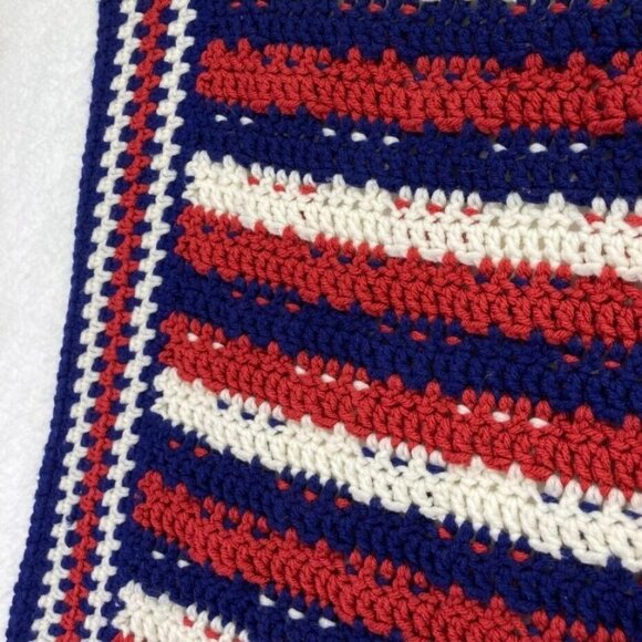 Vintage Crocheted Afghan 54" x 38"Throw Blanket Patriotic Red White Blue - Picture 11 of 11